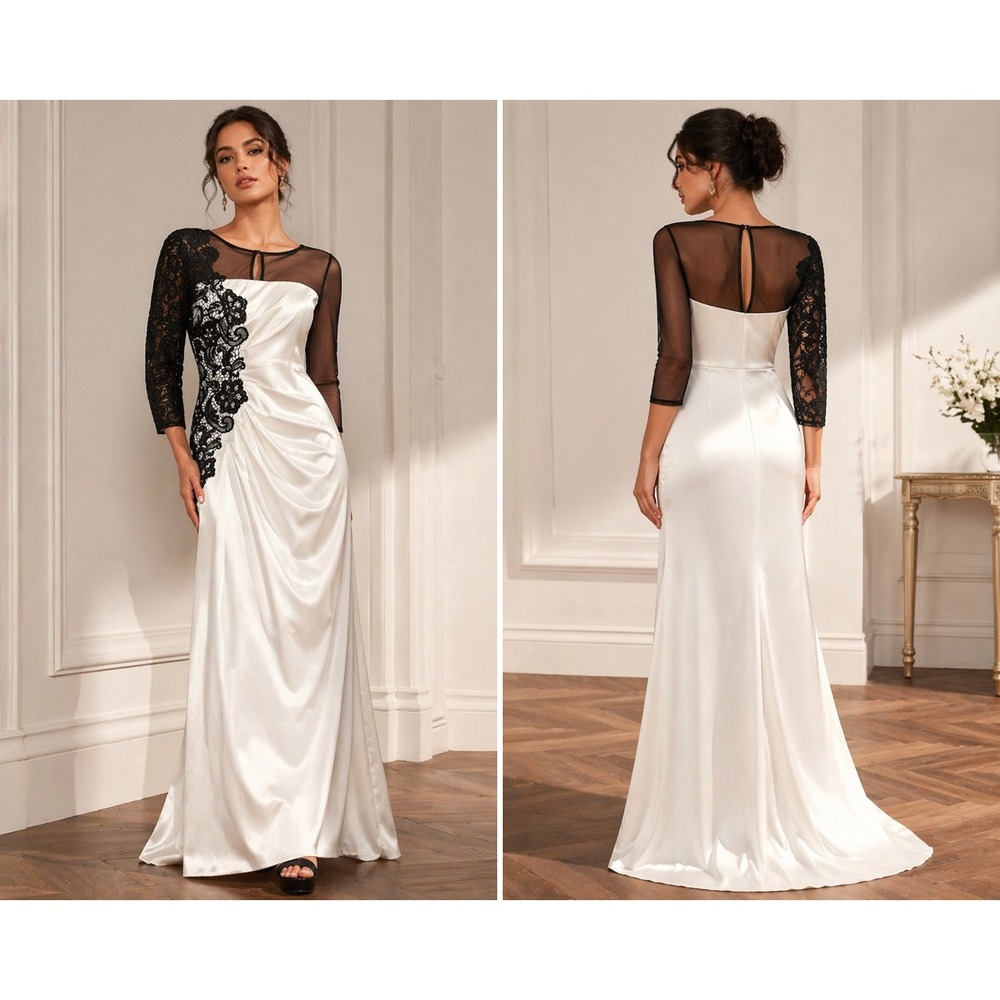 JAX Gown Women 4 Ruched Lace Mesh White Black Formal Evening Glamour Formal Luxe